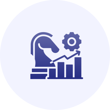 Chess knight, gear, and growth chart icon.