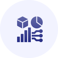 Data analytics icons: cube, chart, graph.